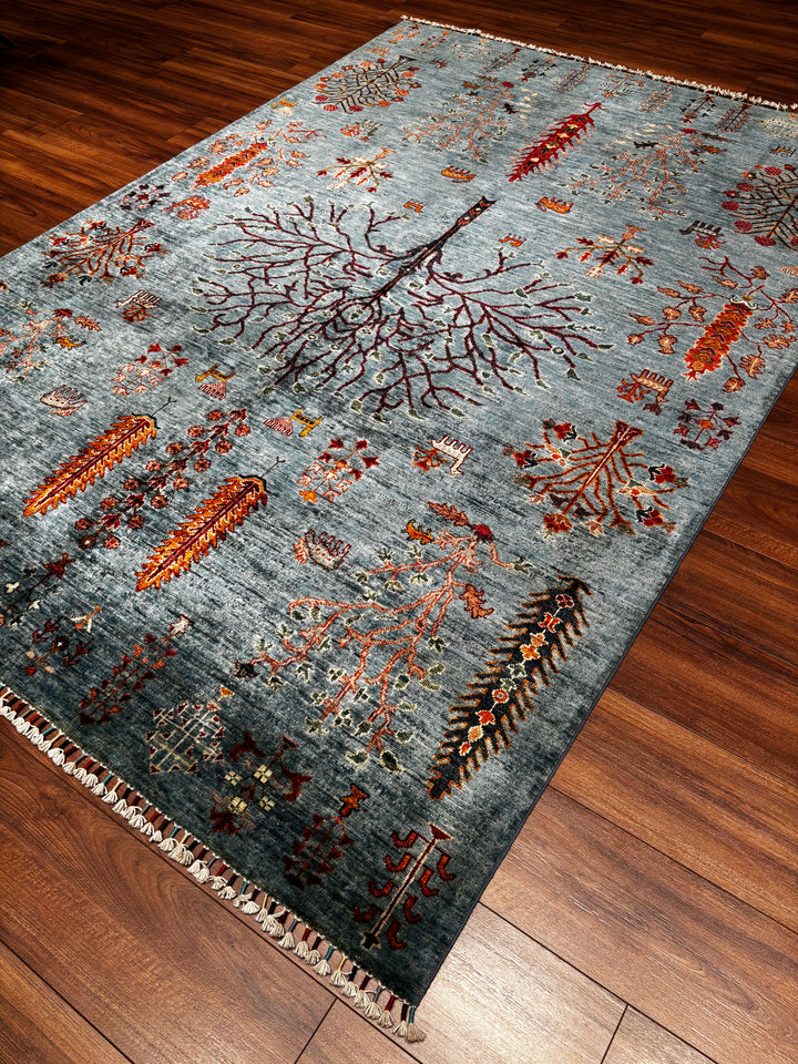 Hayat Ağacı Orijinal El Dokuması Mavi Kök Boya Yün Halı 181x260 4.71 Metrekare - 6x8 ft