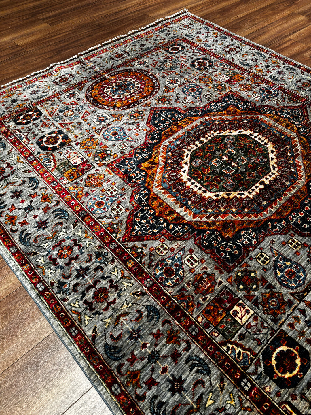 Memlük Orijinal El Dokuması Gri Kök Boya Yün Halı 181x235 4.25 Metrekare - 5x8 ft