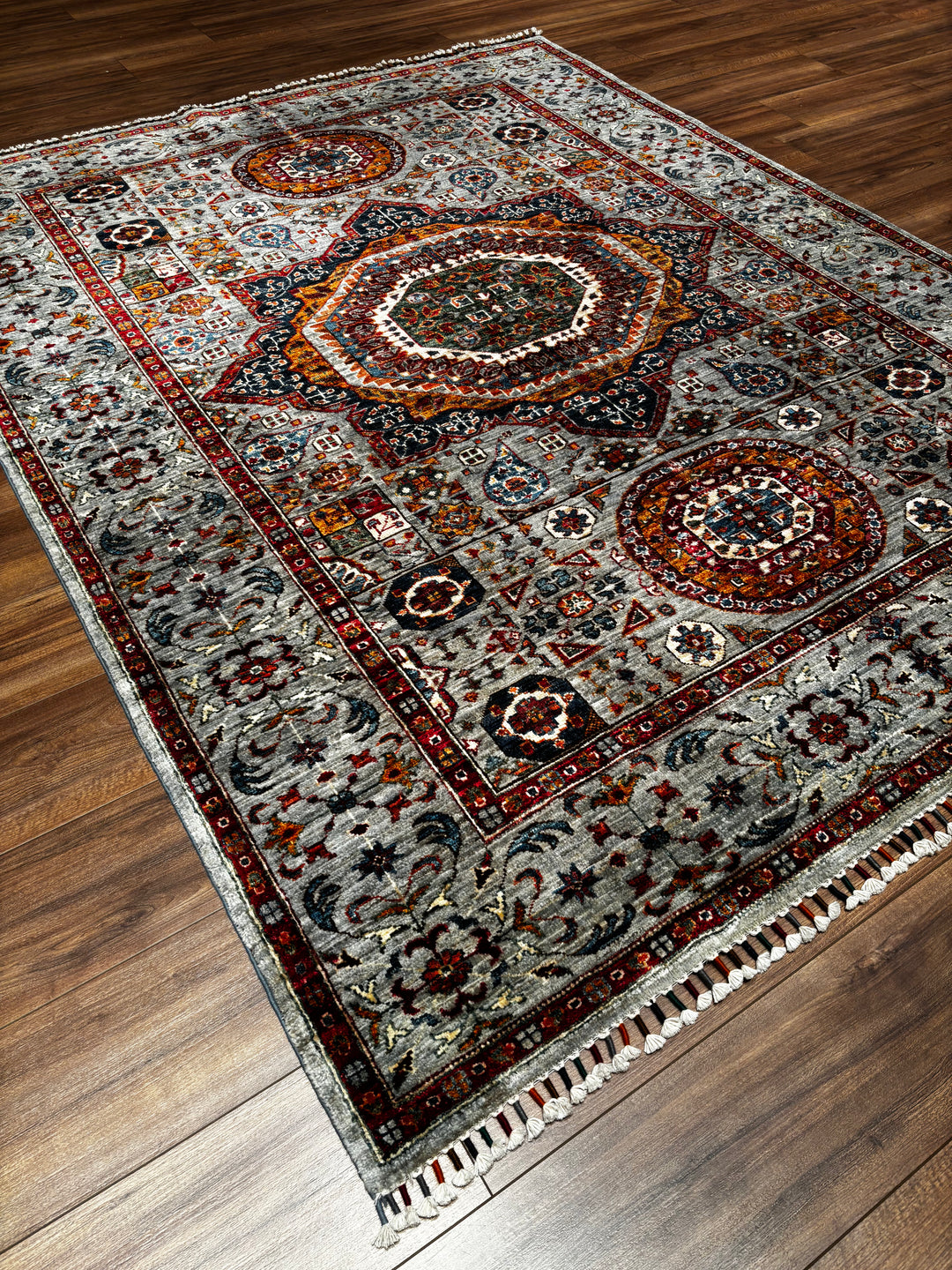 Memlük Orijinal El Dokuması Gri Kök Boya Yün Halı 181x235 4.25 Metrekare - 5x8 ft