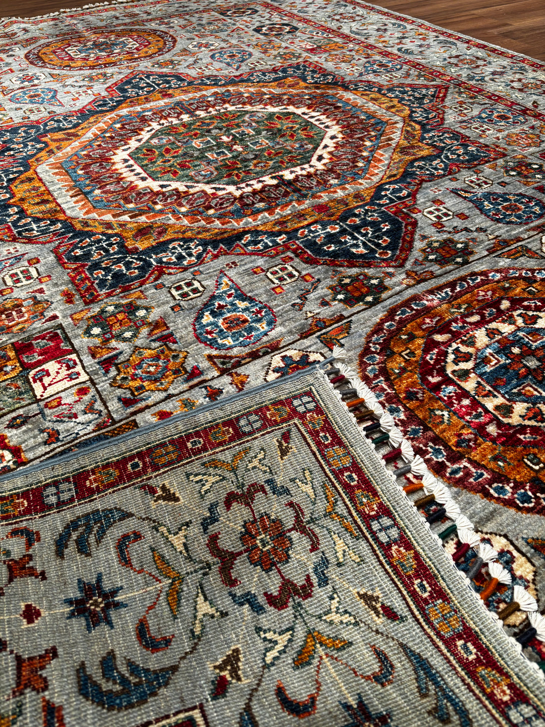 Memlük Orijinal El Dokuması Gri Kök Boya Yün Halı 181x235 4.25 Metrekare - 5x8 ft