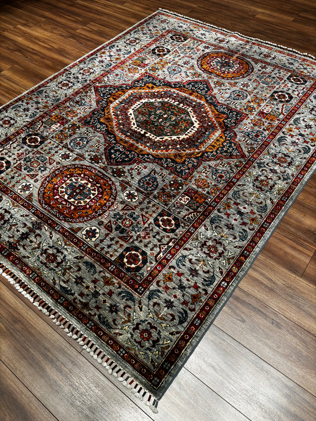 Memlük Orijinal El Dokuması Gri Kök Boya Yün Halı 181x235 4.25 Metrekare - 5x8 ft