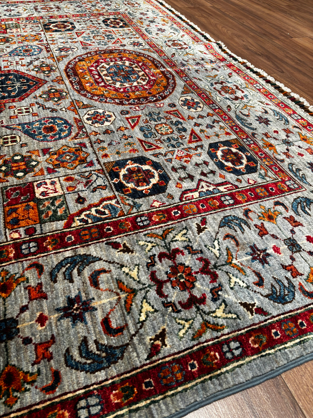 Memlük Orijinal El Dokuması Gri Kök Boya Yün Halı 181x235 4.25 Metrekare - 5x8 ft