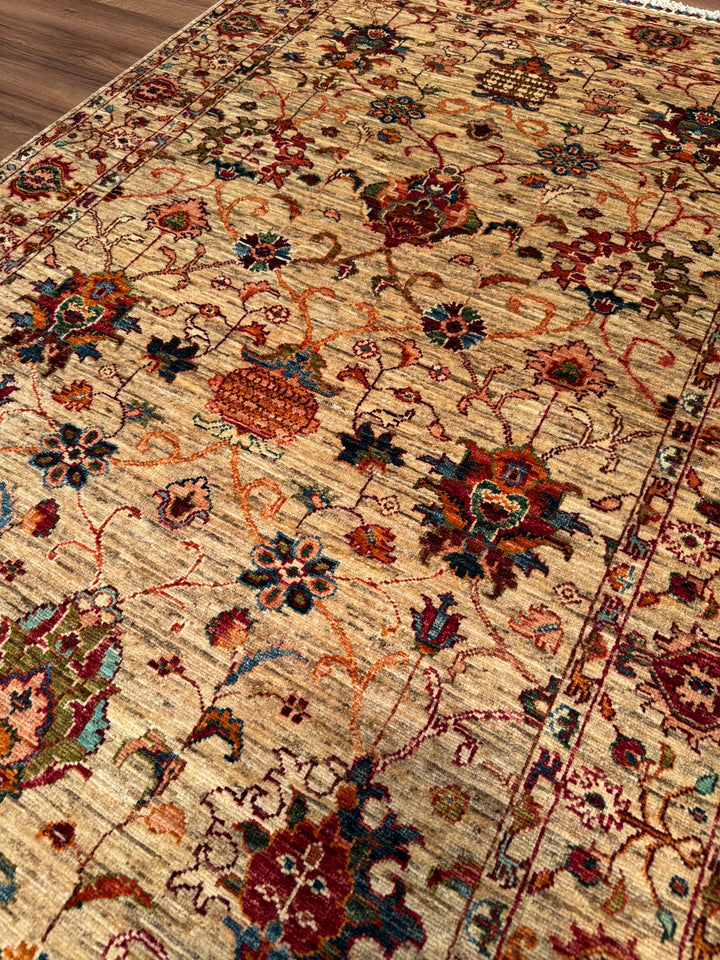 Sultani Binbirgece Orijinal El Dokuması Bej Kök Boya Yün Halı 123x185 2.28 Metrekare - 4x6 ft