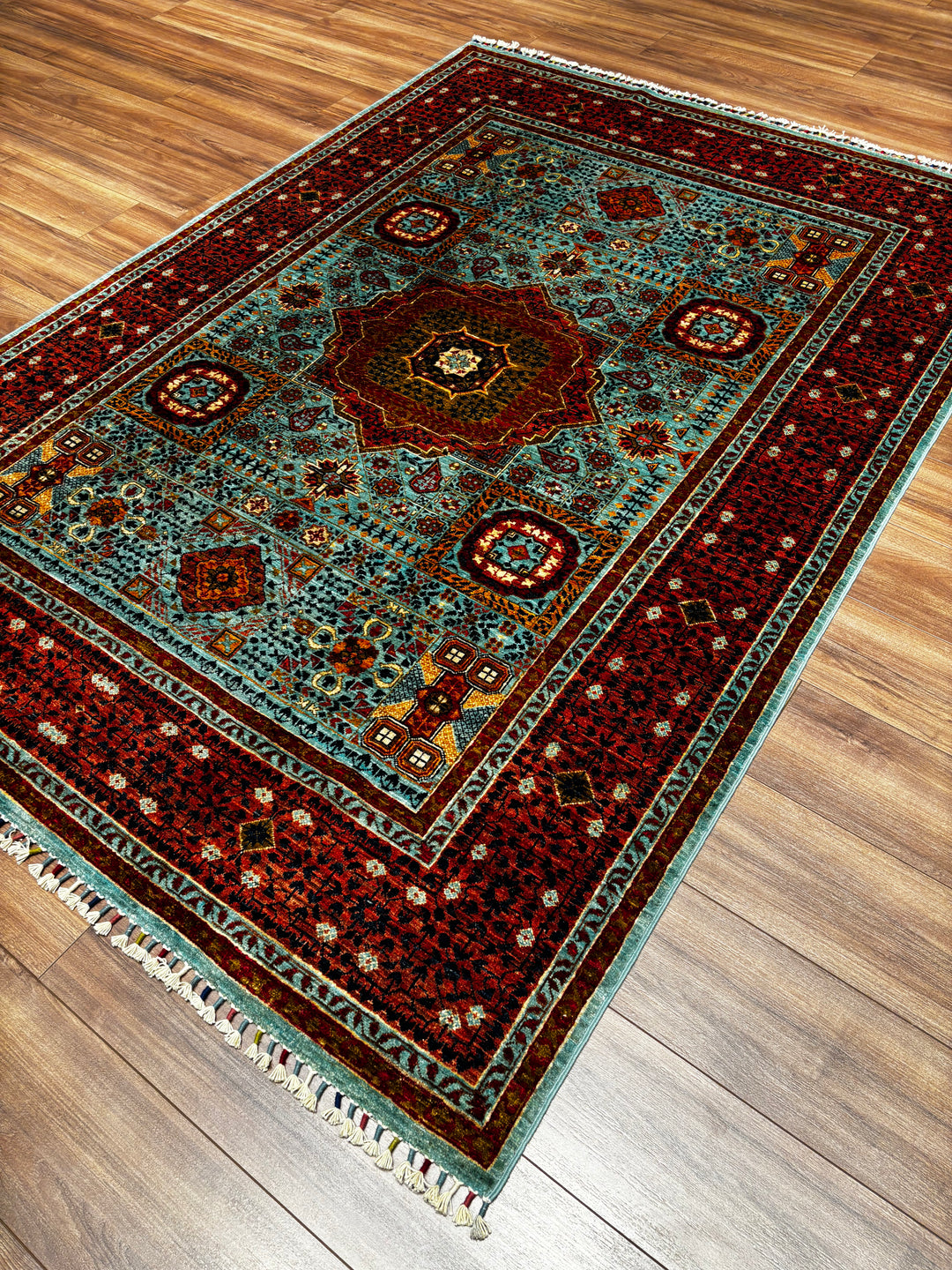 Memlük Orijinal El Dokuması Turkuaz Kırmızı Kök Boya Yün Halı 170x240 4.08 Metrekare - 5x8 ft