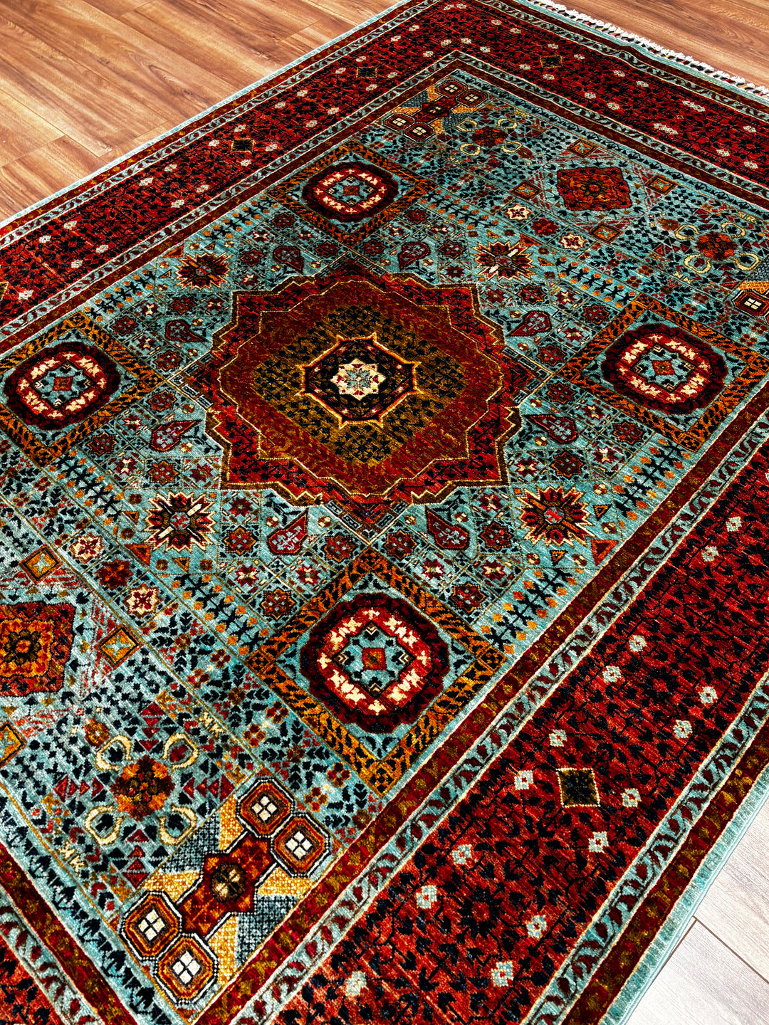 Memlük Orijinal El Dokuması Turkuaz Kırmızı Kök Boya Yün Halı 170x240 4.08 Metrekare - 5x8 ft