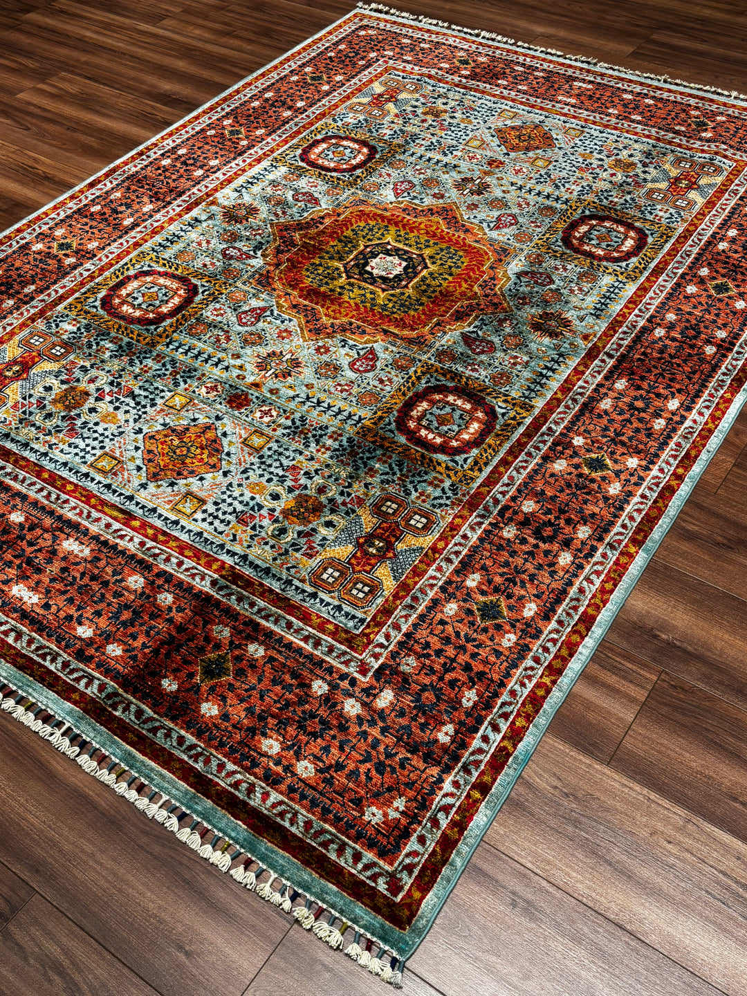 Memlük Orijinal El Dokuması Turkuaz Kırmızı Kök Boya Yün Halı 170x240 4.08 Metrekare - 5x8 ft