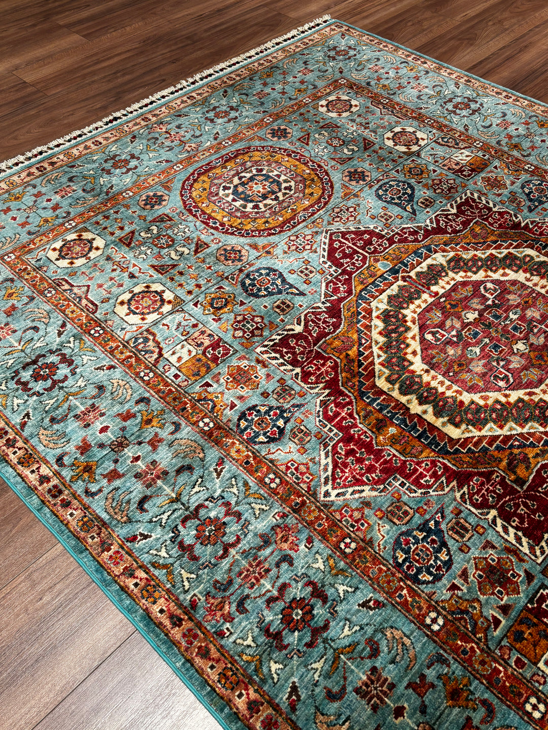 Memlük Orijinal El Dokuması Turkuaz Kök Boya Yün Halı 173x228 3.94 Metrekare - 5x8 ft