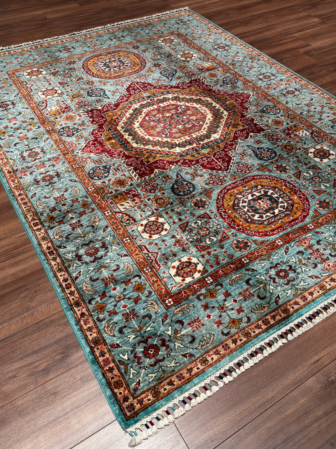 Memlük Orijinal El Dokuması Turkuaz Kök Boya Yün Halı 173x228 3.94 Metrekare - 5x8 ft