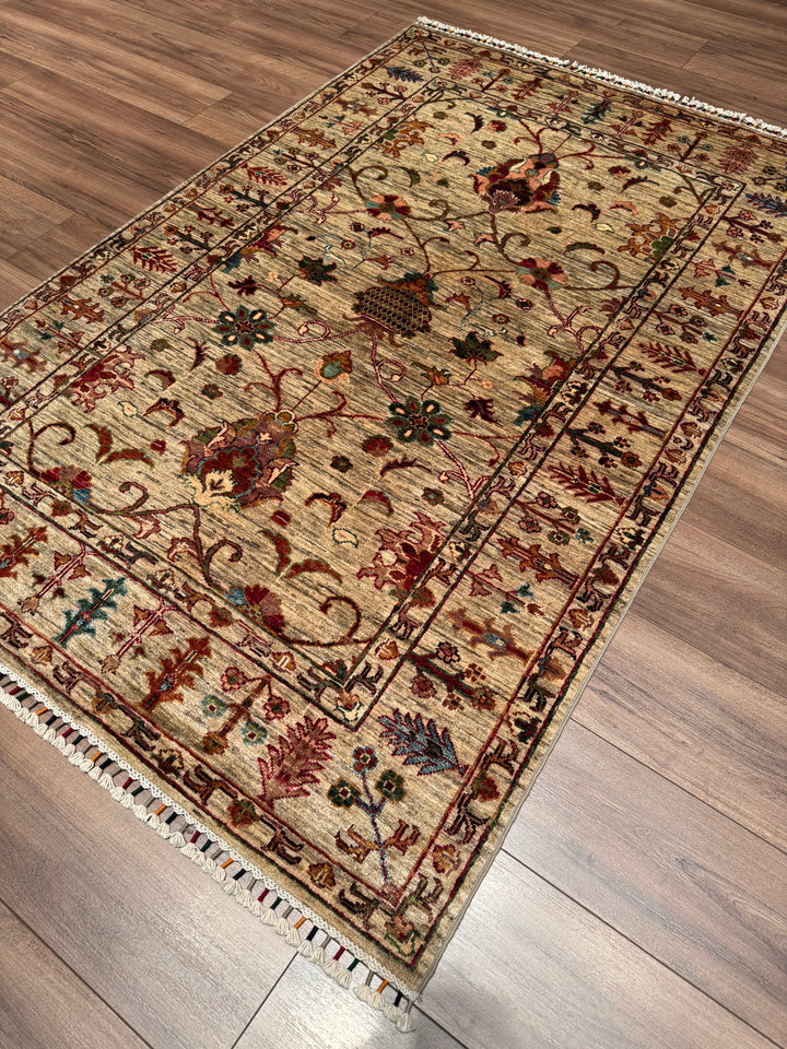 Sultani Binbirgece Orijinal El Dokuması Bej Kök Boya Yün Halı 125x191 2.39 Metrekare - 4x6 ft