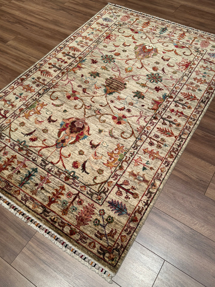 Sultani Binbirgece Orijinal El Dokuması Bej Kök Boya Yün Halı 125x191 2.39 Metrekare - 4x6 ft