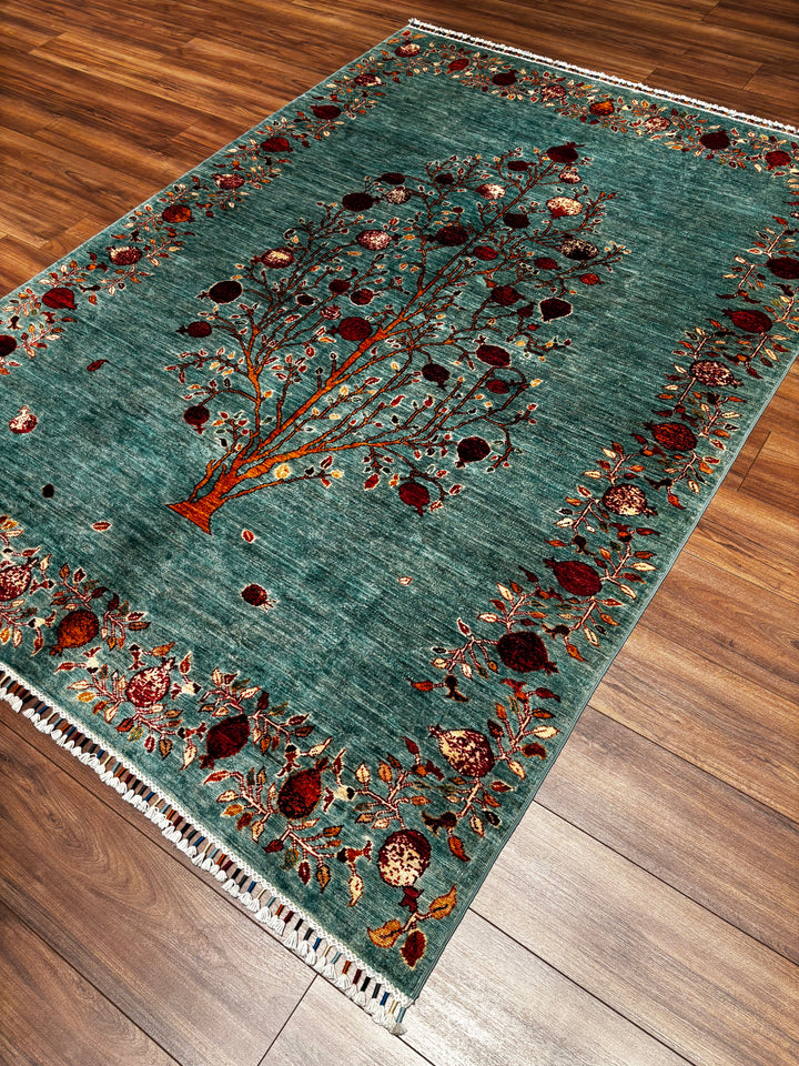 Nar Ağacı Orijinal El Dokuması Turkuaz Kök Boya Yün Halı 174x243 4.23 Metrekare - 6x8 ft
