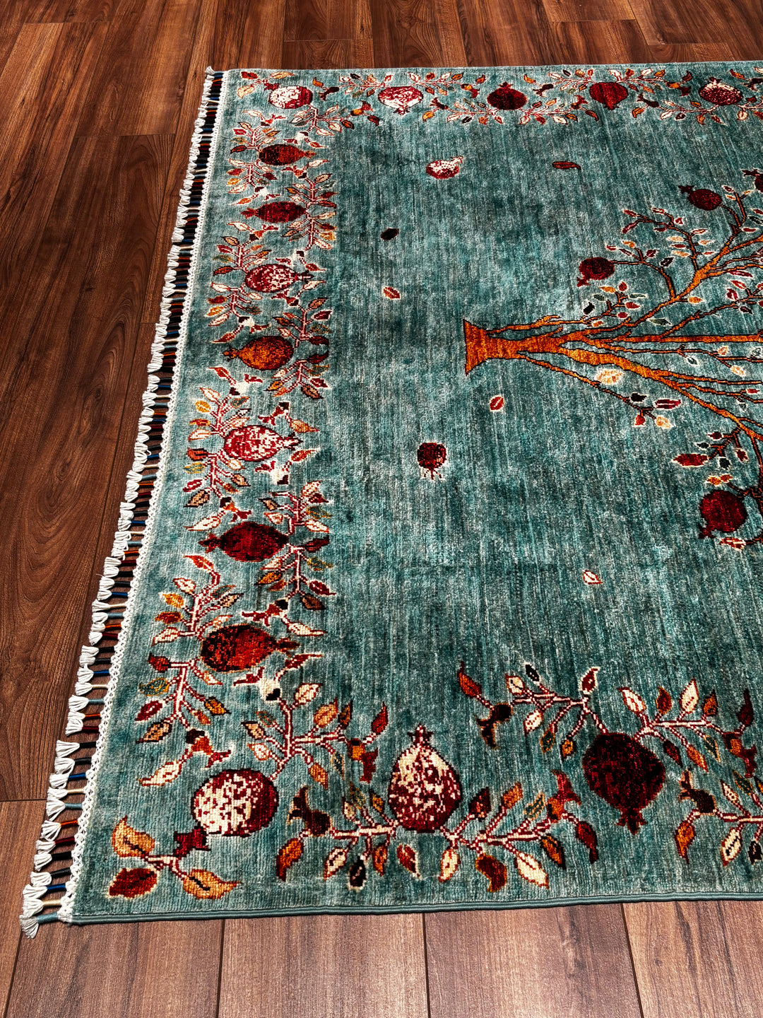 Nar Ağacı Orijinal El Dokuması Turkuaz Kök Boya Yün Halı 174x243 4.23 Metrekare - 6x8 ft