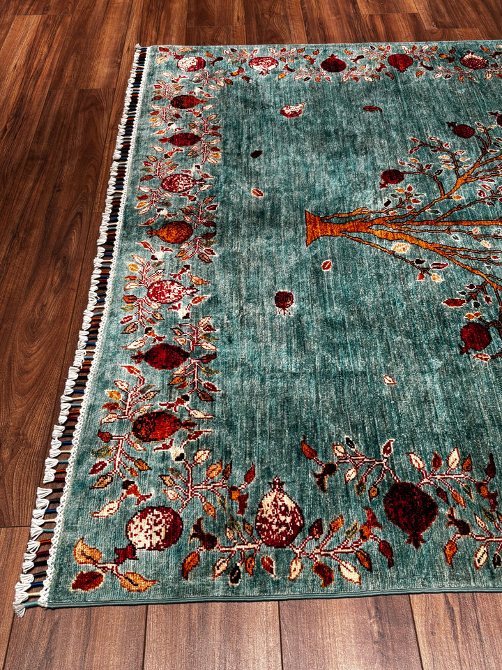 Nar Ağacı Orijinal El Dokuması Turkuaz Kök Boya Yün Halı 174x243 4.23 Metrekare - 6x8 ft