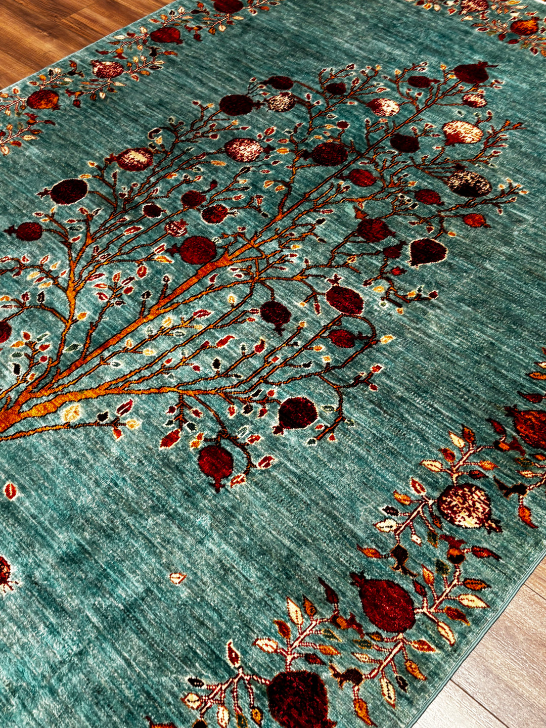 Nar Ağacı Orijinal El Dokuması Turkuaz Kök Boya Yün Halı 174x243 4.23 Metrekare - 6x8 ft