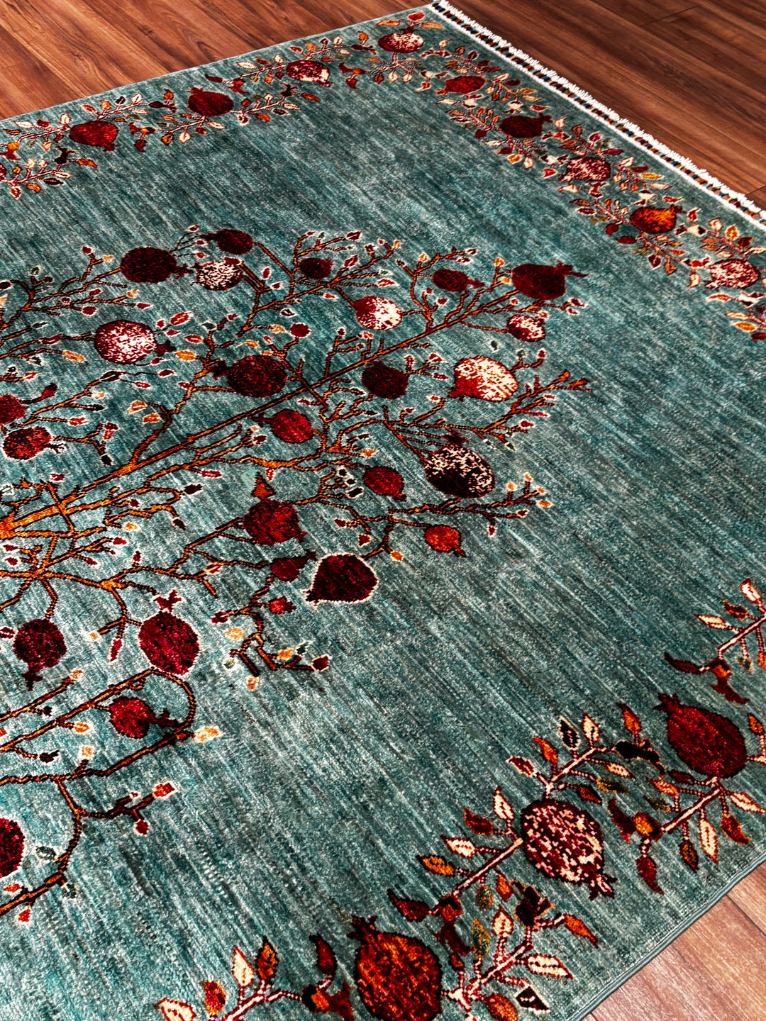Nar Ağacı Orijinal El Dokuması Turkuaz Kök Boya Yün Halı 174x243 4.23 Metrekare - 6x8 ft