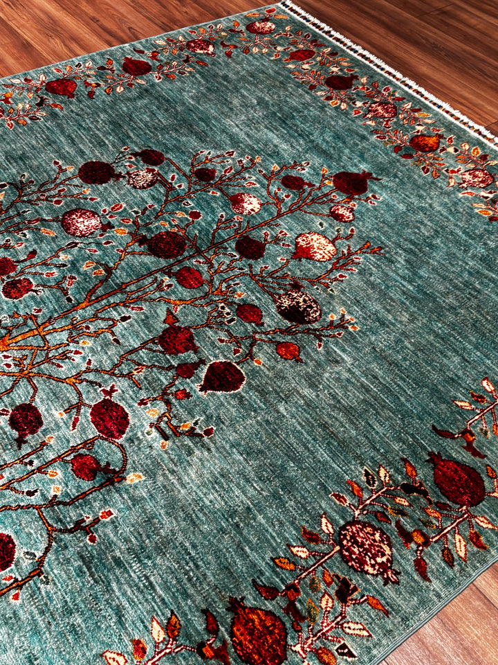 Nar Ağacı Orijinal El Dokuması Turkuaz Kök Boya Yün Halı 174x243 4.23 Metrekare - 6x8 ft