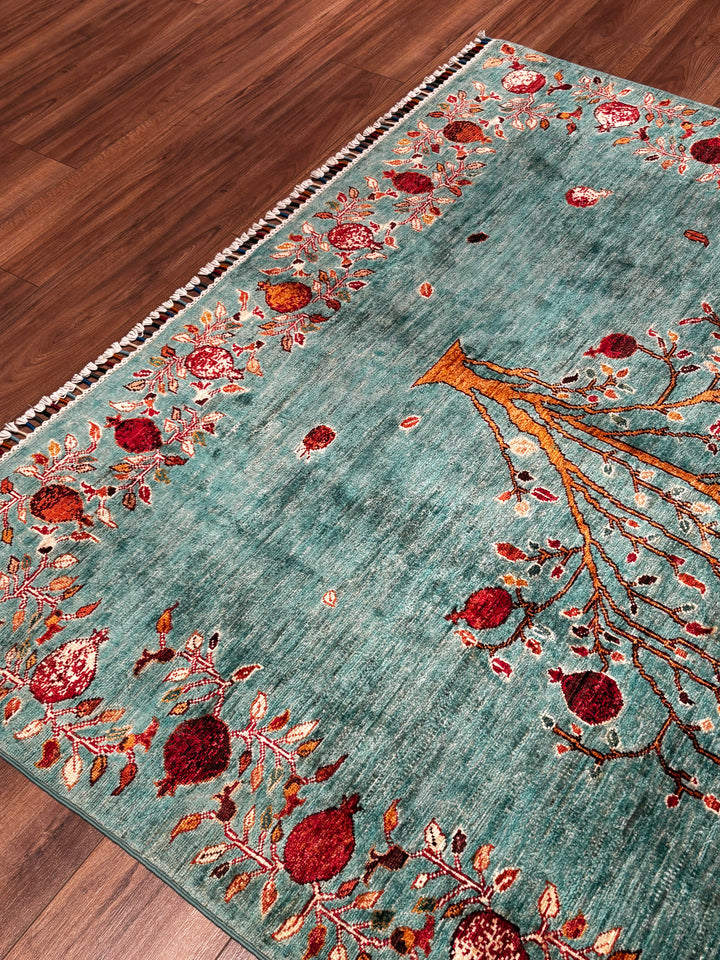 Nar Ağacı Orijinal El Dokuması Turkuaz Kök Boya Yün Halı 174x243 4.23 Metrekare - 6x8 ft