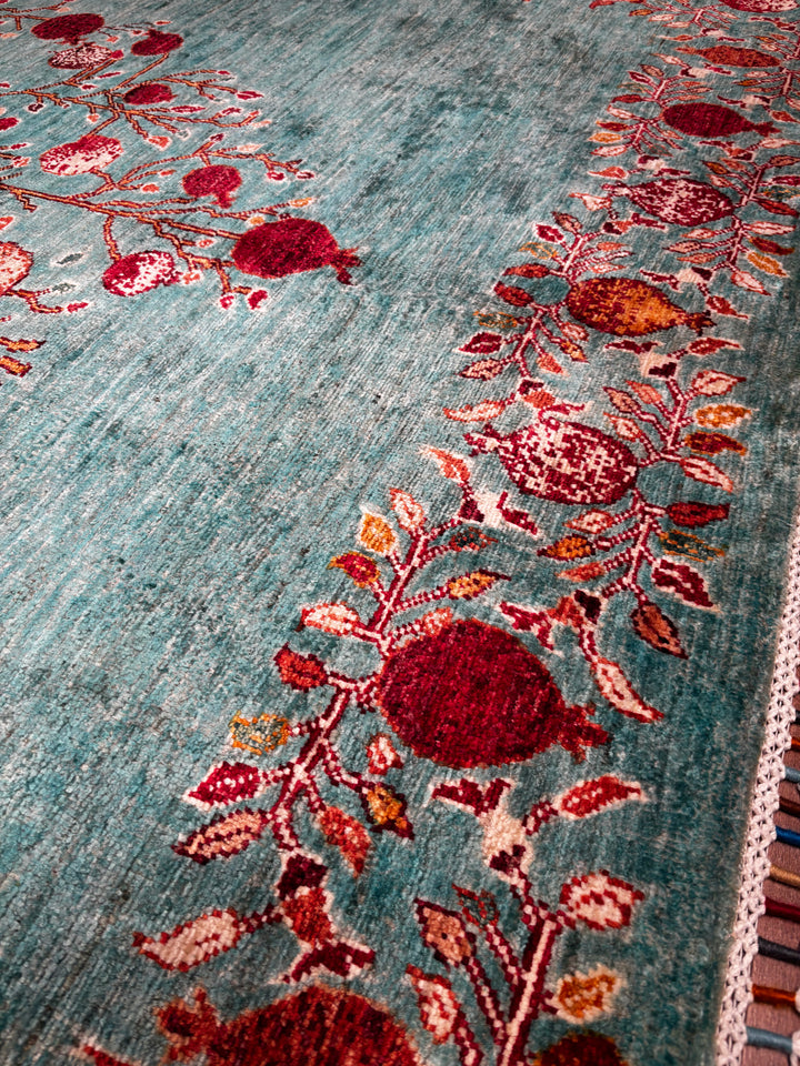 Nar Ağacı Orijinal El Dokuması Turkuaz Kök Boya Yün Halı 174x243 4.23 Metrekare - 6x8 ft
