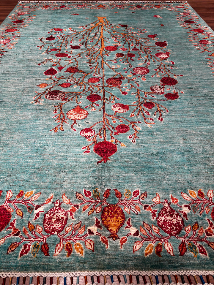 Nar Ağacı Orijinal El Dokuması Turkuaz Kök Boya Yün Halı 174x243 4.23 Metrekare - 6x8 ft