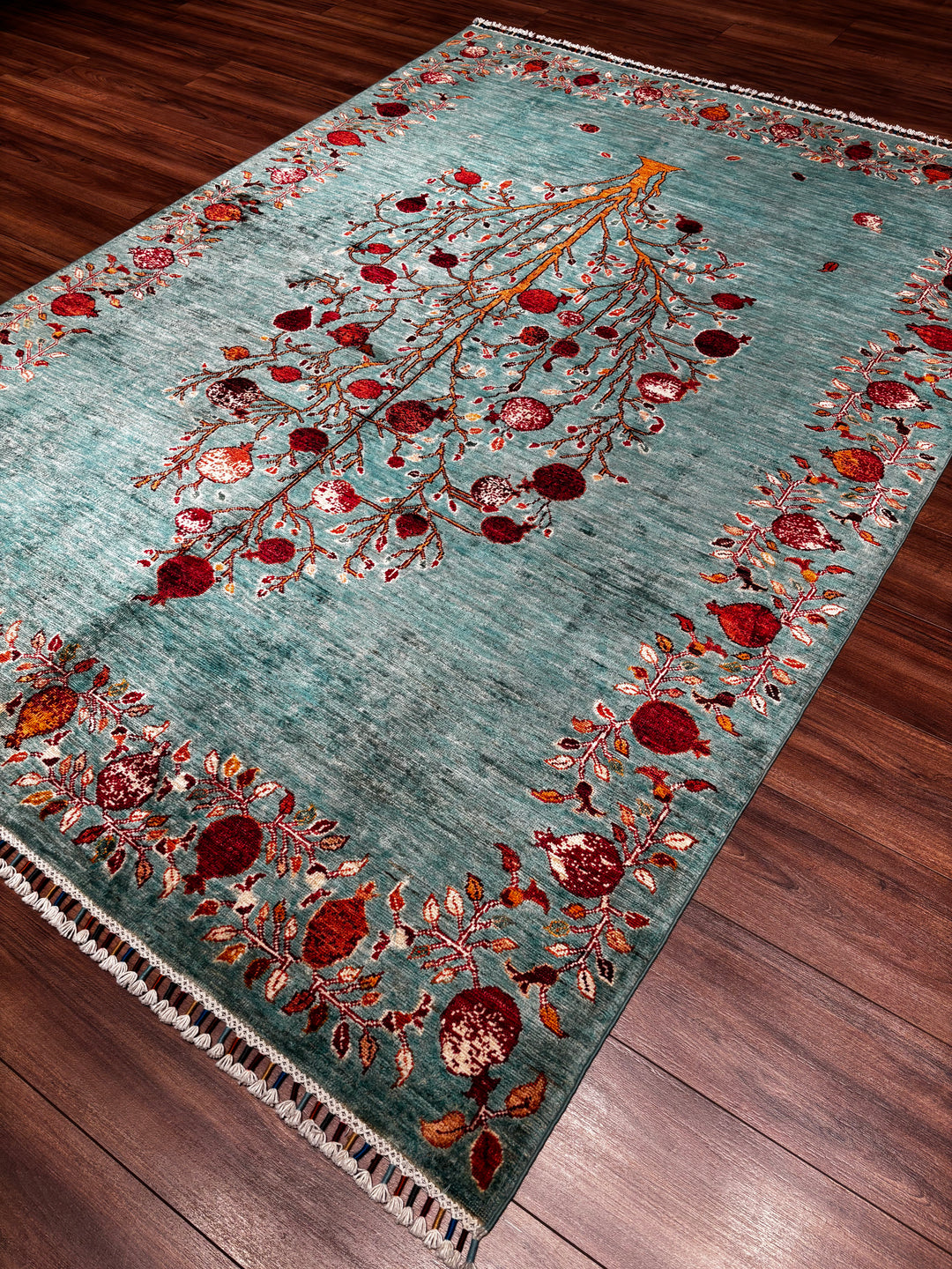 Nar Ağacı Orijinal El Dokuması Turkuaz Kök Boya Yün Halı 174x243 4.23 Metrekare - 6x8 ft