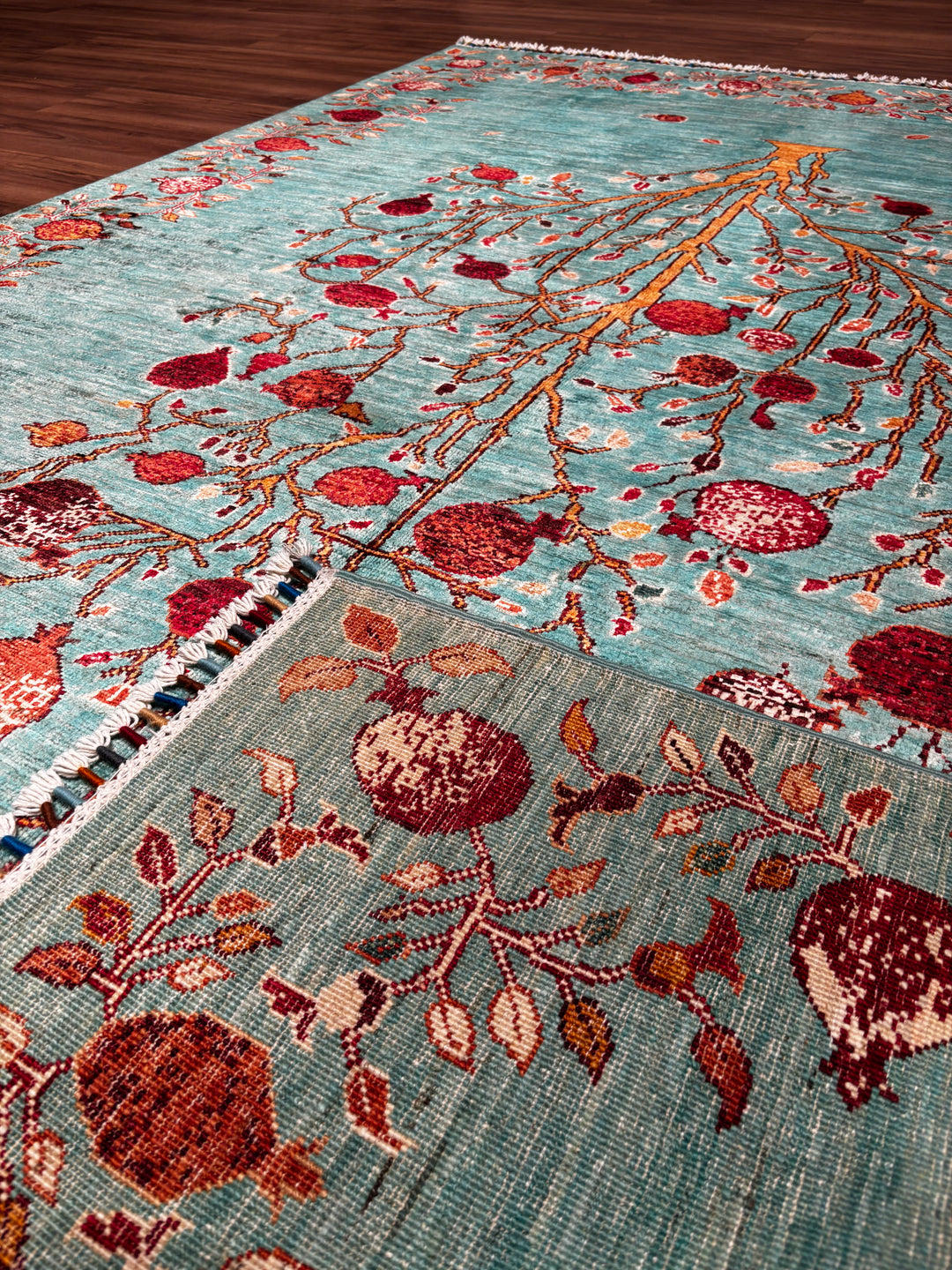 Nar Ağacı Orijinal El Dokuması Turkuaz Kök Boya Yün Halı 174x243 4.23 Metrekare - 6x8 ft