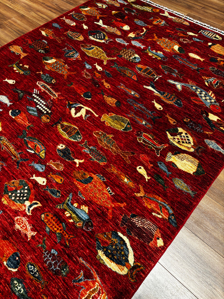 Balık Orijinal El Dokuması Kırmızı Kök Boya Yün Halı 174x236 4.11 Metrekare - 6x8 ft