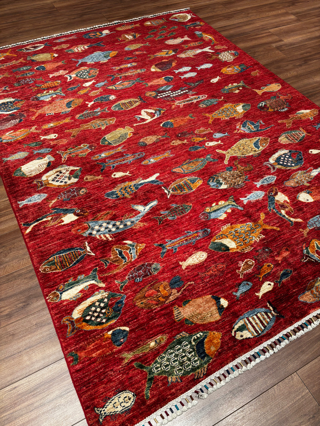 Balık Orijinal El Dokuması Kırmızı Kök Boya Yün Halı 174x236 4.11 Metrekare - 6x8 ft
