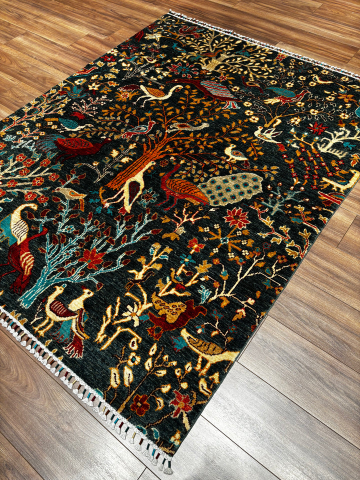 Sultani Kuş Orijinal El Dokuması Yeşil Kök Boya Yün Halı 157x195 3.06 Metrekare - 5x6 ft