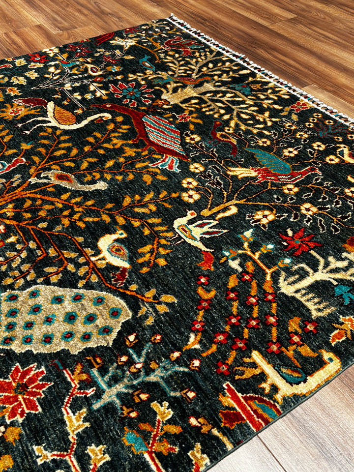 Sultani Kuş Orijinal El Dokuması Yeşil Kök Boya Yün Halı 157x195 3.06 Metrekare - 5x6 ft