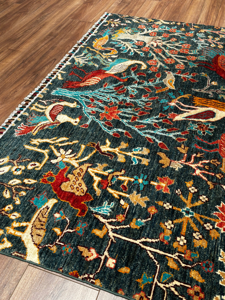 Sultani Kuş Orijinal El Dokuması Yeşil Kök Boya Yün Halı 157x195 3.06 Metrekare - 5x6 ft