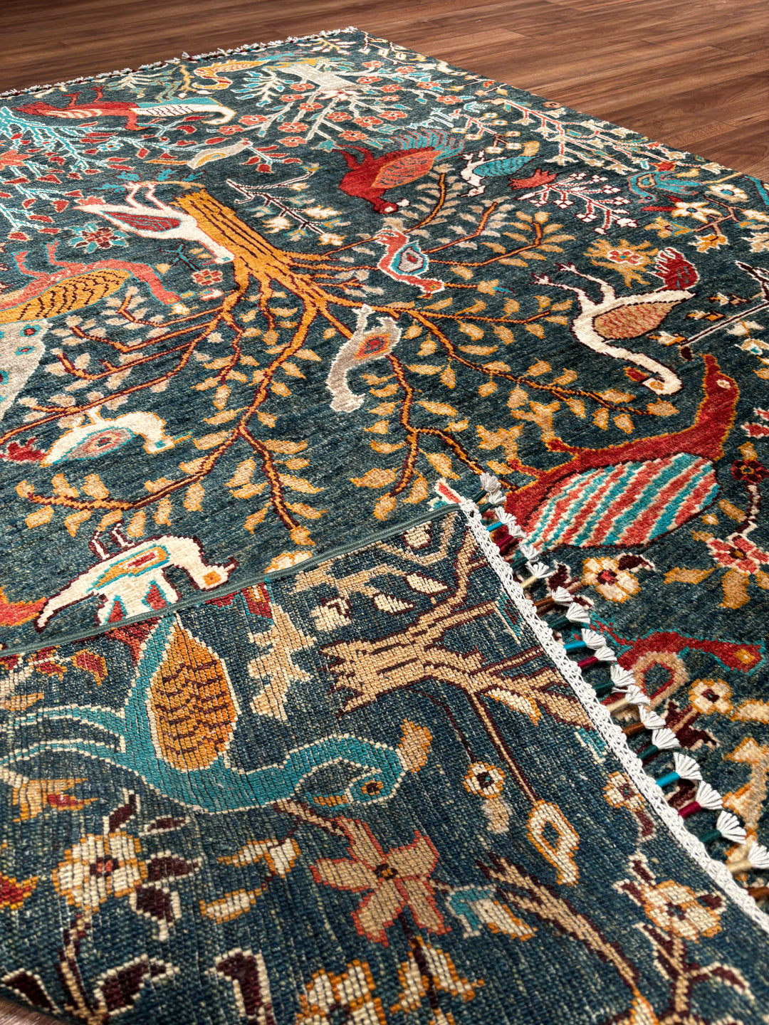 Sultani Kuş Orijinal El Dokuması Yeşil Kök Boya Yün Halı 157x195 3.06 Metrekare - 5x6 ft