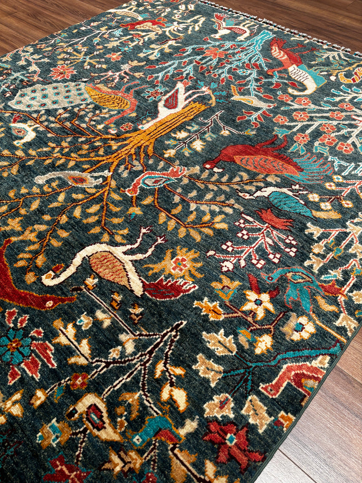 Sultani Kuş Orijinal El Dokuması Yeşil Kök Boya Yün Halı 157x195 3.06 Metrekare - 5x6 ft