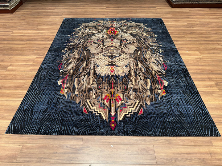 Lion Carpet Original Hand Woven Black Wool Silk Carpet 237x304 7.20 Square Meters - 8x10 ft