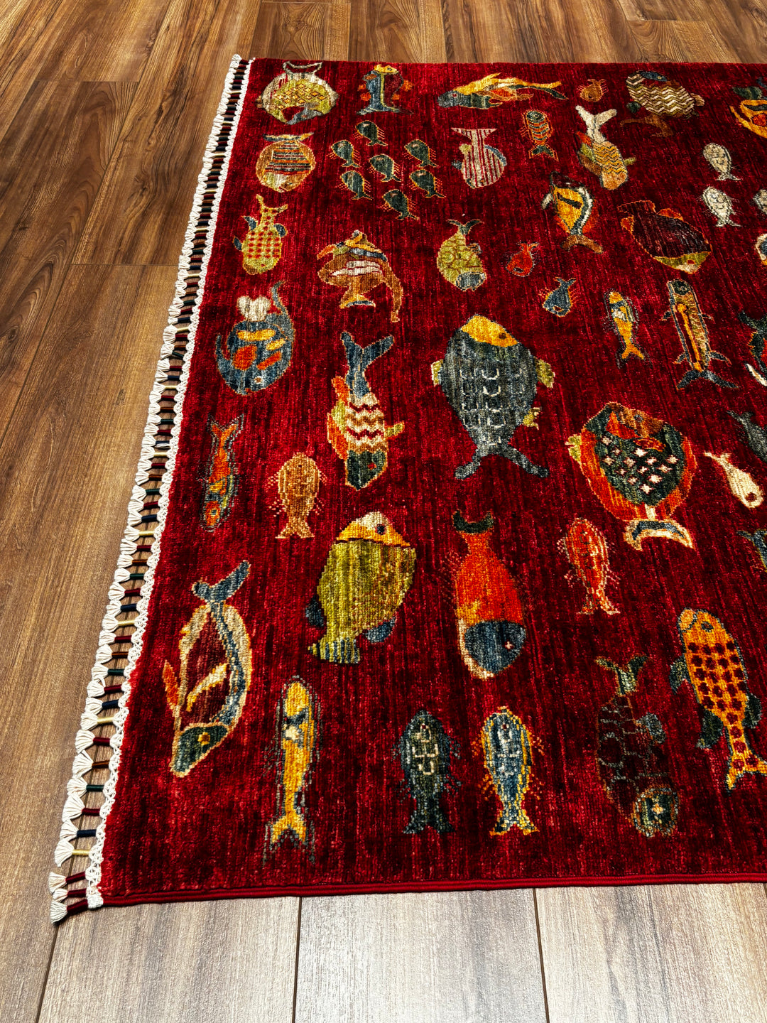 Balık Orijinal El Dokuması Kırmızı Kök Boya Yün Halı 154x212 3.26 Metrekare - 6x8 ft