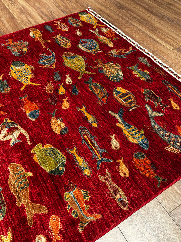 Balık Orijinal El Dokuması Kırmızı Kök Boya Yün Halı 154x212 3.26 Metrekare - 6x8 ft