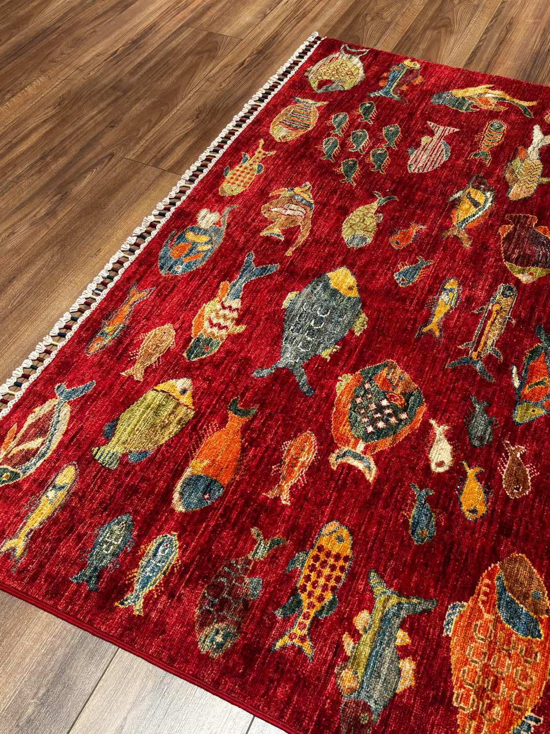 Balık Orijinal El Dokuması Kırmızı Kök Boya Yün Halı 154x212 3.26 Metrekare - 6x8 ft