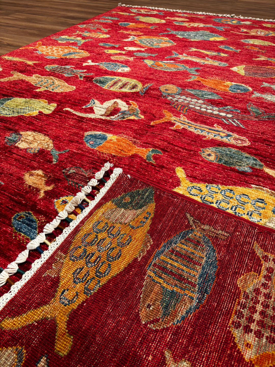 Balık Orijinal El Dokuması Kırmızı Kök Boya Yün Halı 154x212 3.26 Metrekare - 6x8 ft