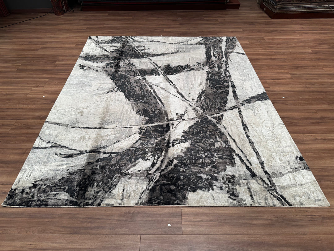 New Diamond Original Hand Woven Gray Black Wool Bamboo Carpet 243x303 7.36 Square Meters - 8x10 ft