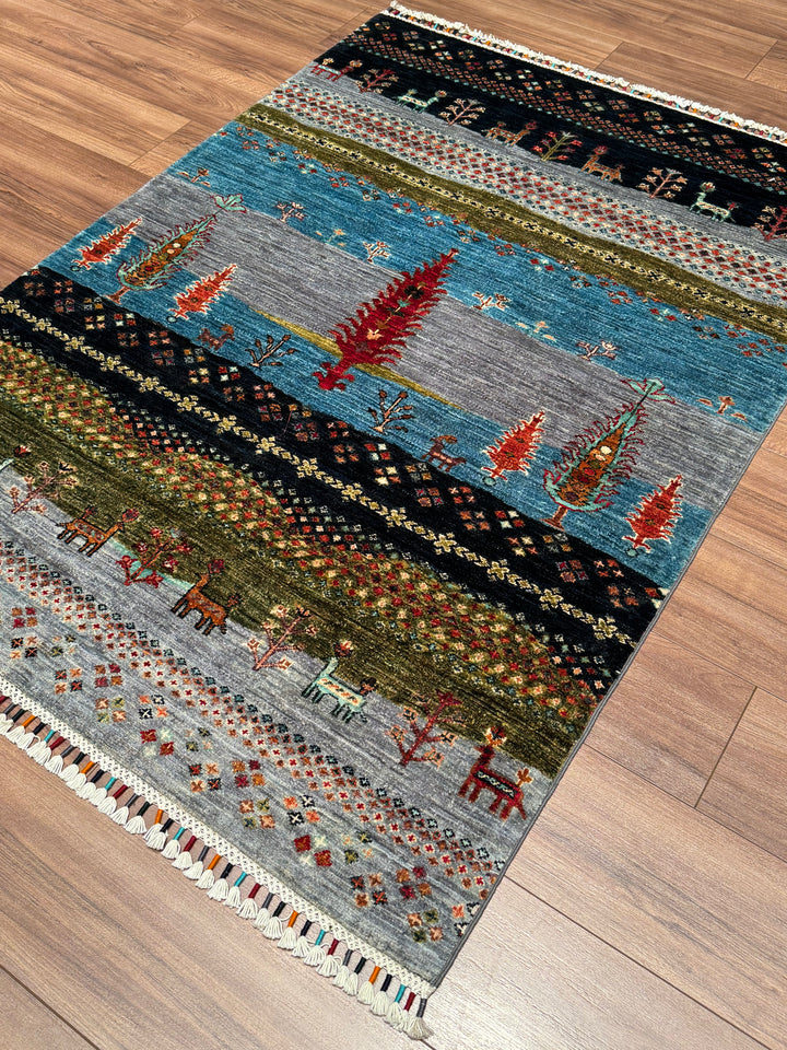 Khorjin Hayat Ağacı Orijinal El Dokuması Multi Kök Boya Yün Halı 121x166 2.01 Metrekare - 4x6 ft