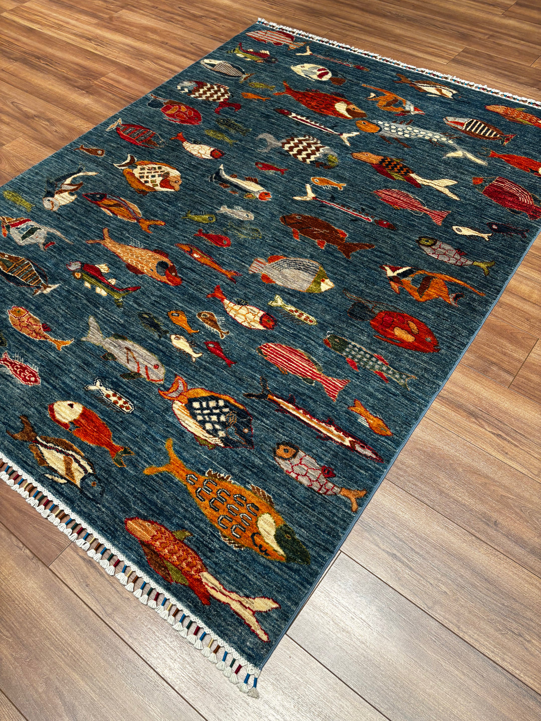 Balık Orijinal El Dokuması Mavi Kök Boya Yün Halı 156x208 3.24 Metrekare - 5x7 ft