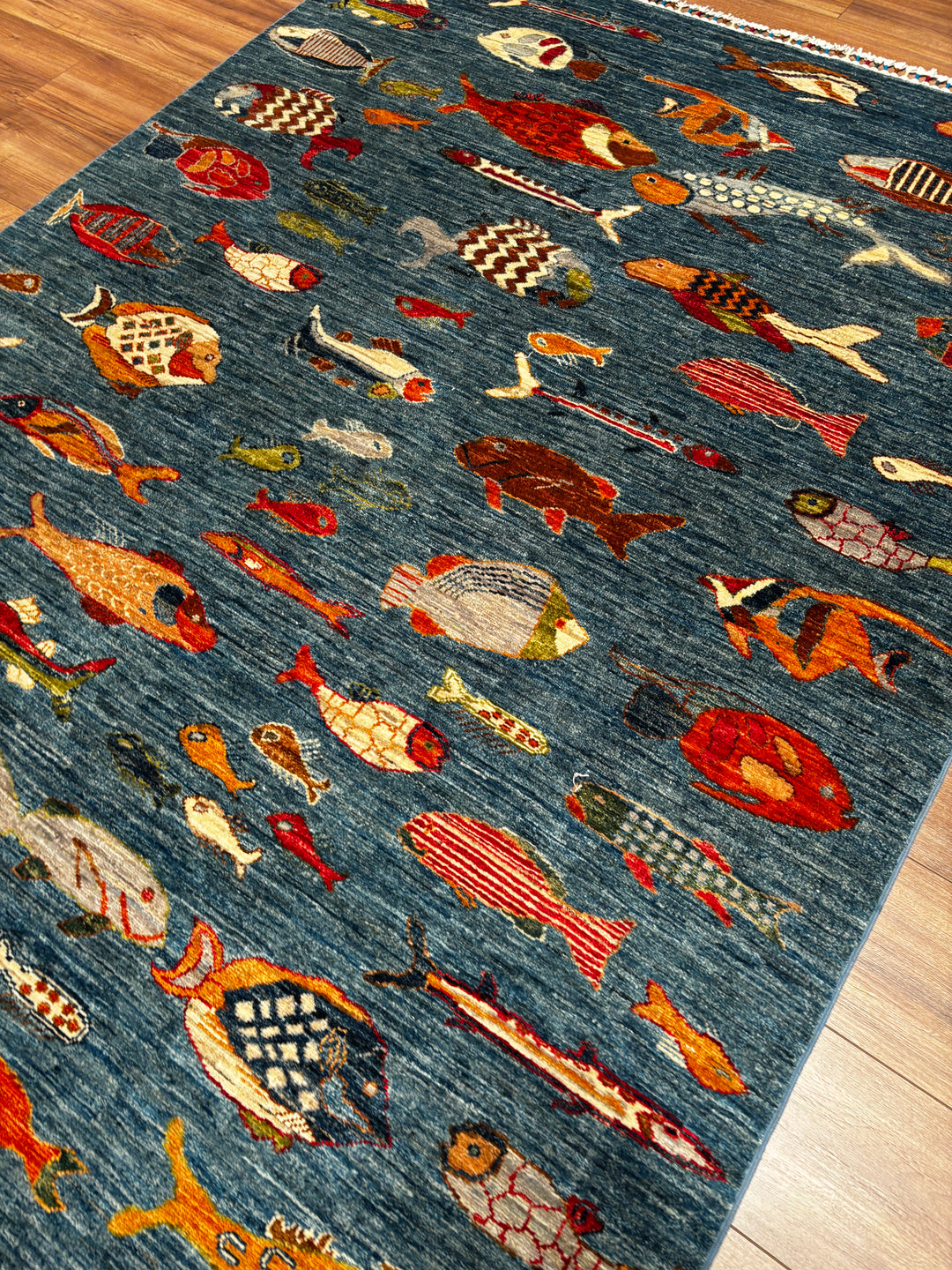 Balık Orijinal El Dokuması Mavi Kök Boya Yün Halı 156x208 3.24 Metrekare - 5x7 ft