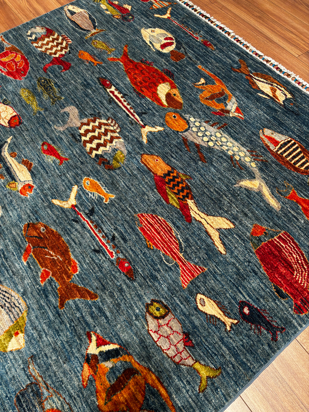 Balık Orijinal El Dokuması Mavi Kök Boya Yün Halı 156x208 3.24 Metrekare - 5x7 ft