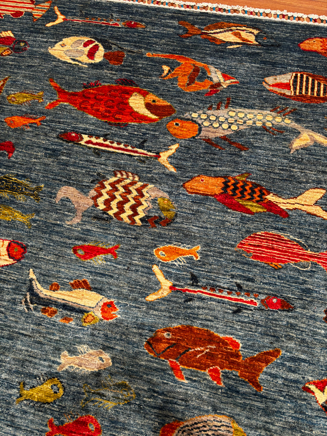 Balık Orijinal El Dokuması Mavi Kök Boya Yün Halı 156x208 3.24 Metrekare - 5x7 ft