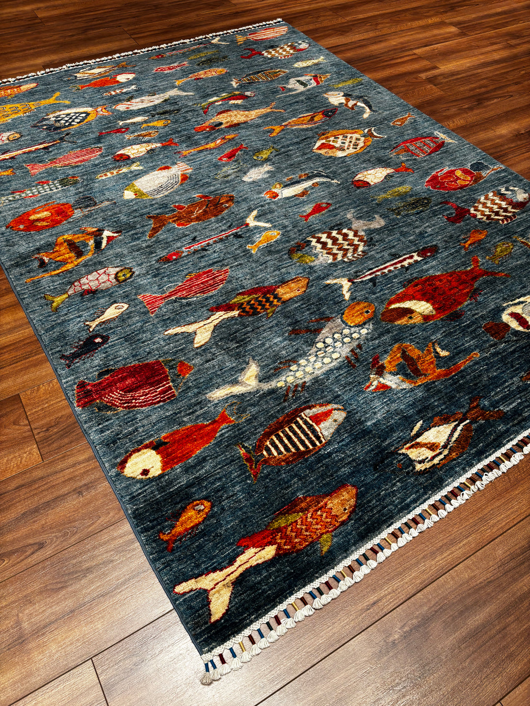 Balık Orijinal El Dokuması Mavi Kök Boya Yün Halı 156x208 3.24 Metrekare - 5x7 ft