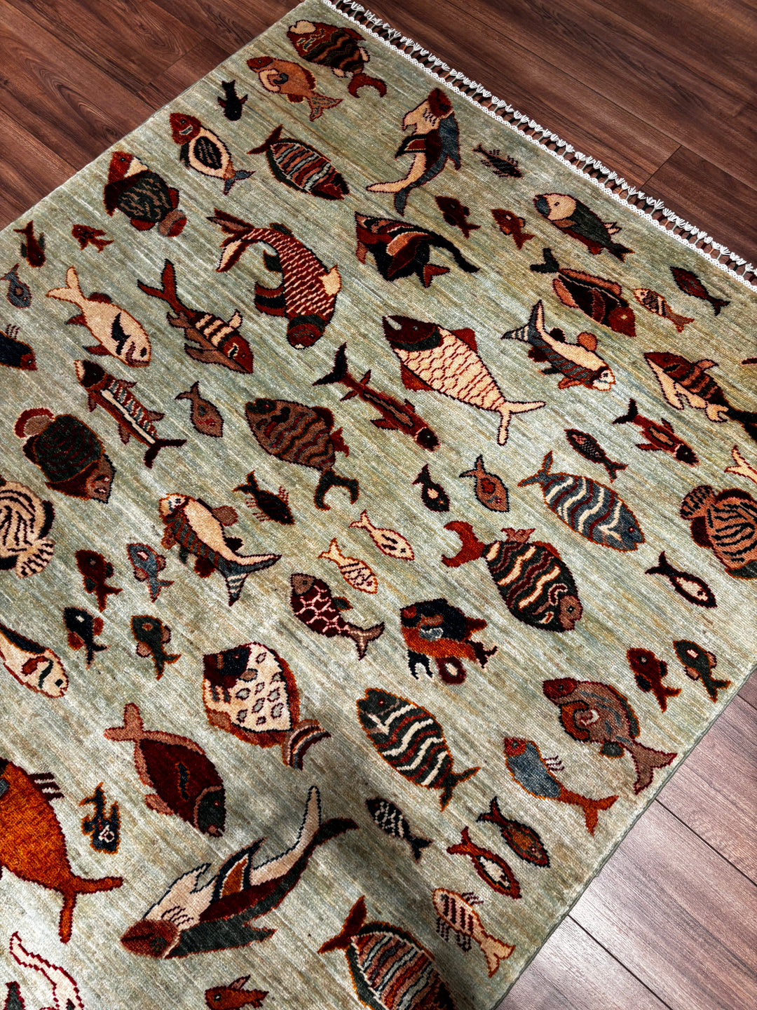 Balık Orijinal El Dokuması Yeşil Kök Boya Yün Halı 143x214 3.06 Metrekare - 5x7 ft