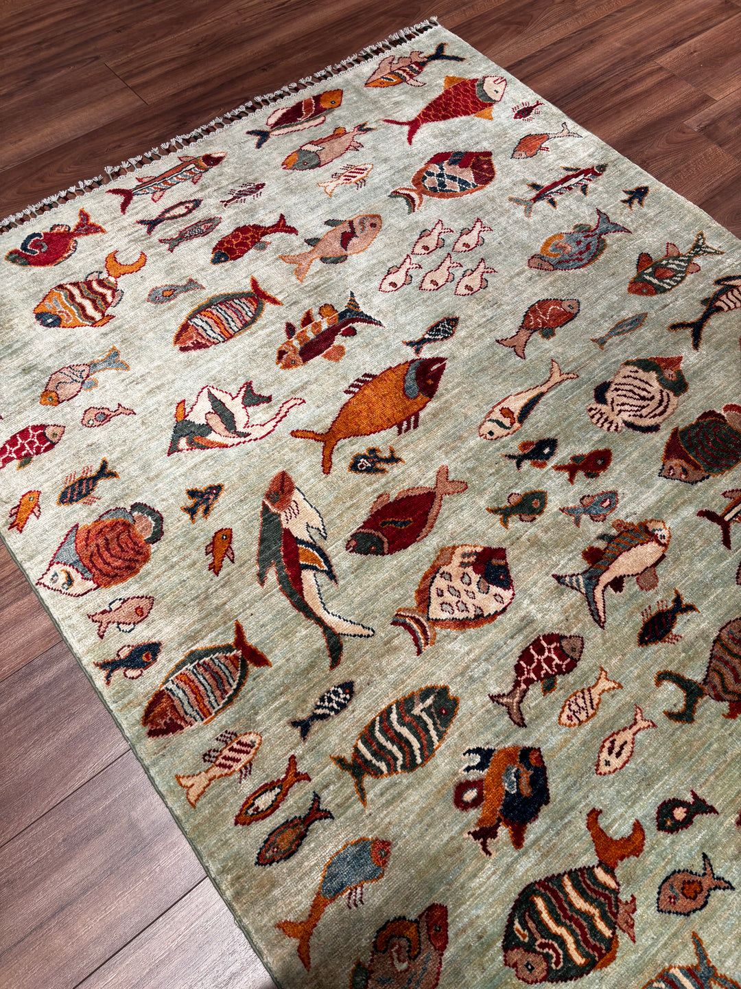 Balık Orijinal El Dokuması Yeşil Kök Boya Yün Halı 143x214 3.06 Metrekare - 5x7 ft