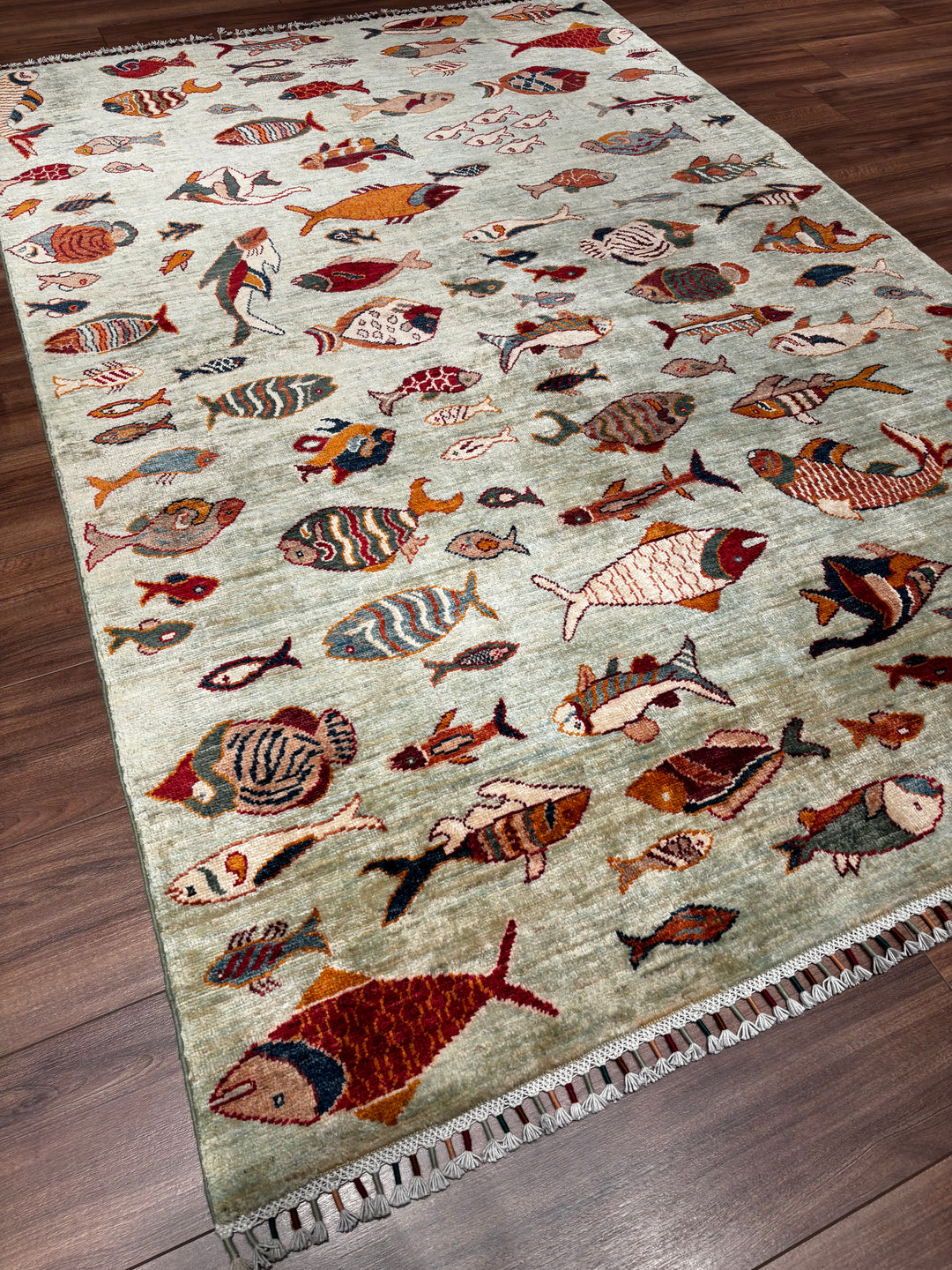 Balık Orijinal El Dokuması Yeşil Kök Boya Yün Halı 143x214 3.06 Metrekare - 5x7 ft