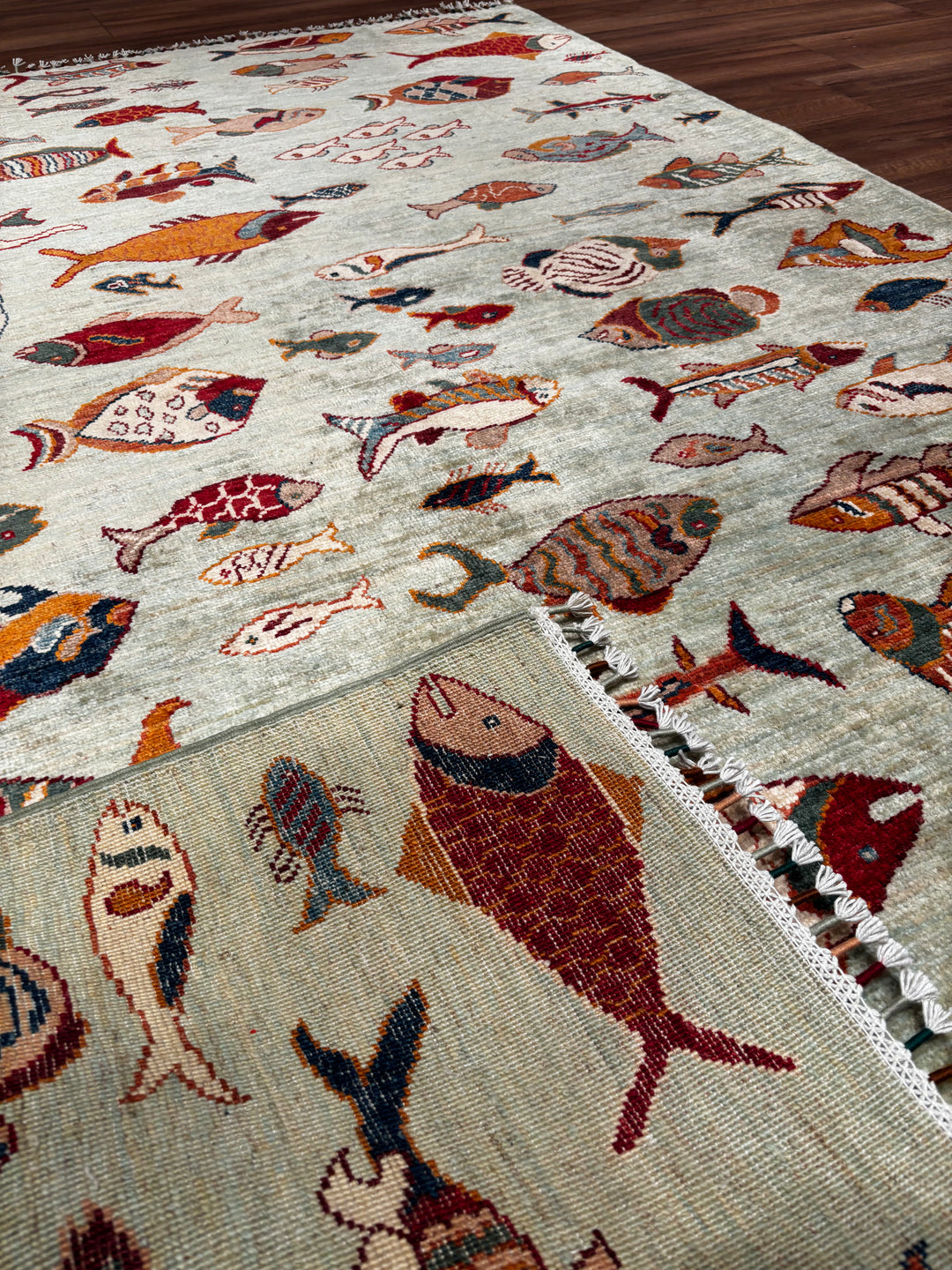 Balık Orijinal El Dokuması Yeşil Kök Boya Yün Halı 143x214 3.06 Metrekare - 5x7 ft