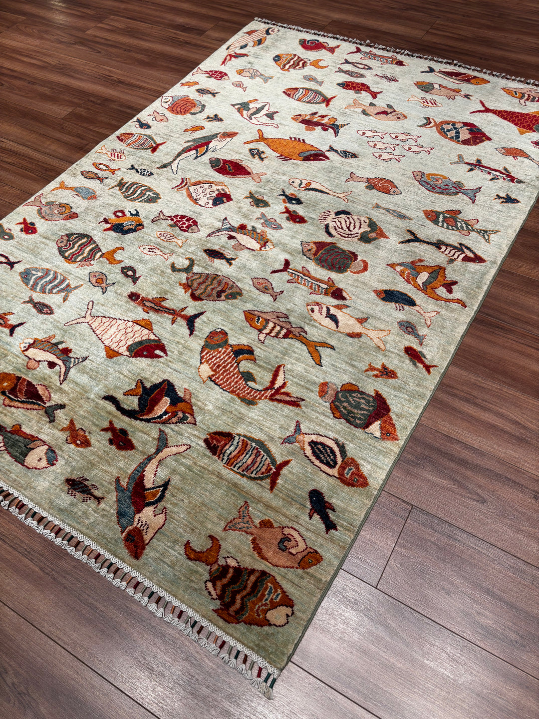 Balık Orijinal El Dokuması Yeşil Kök Boya Yün Halı 143x214 3.06 Metrekare - 5x7 ft