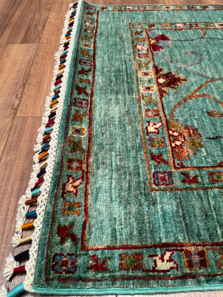 Sultani Çiçekli Yolluk Orijinal El Dokuması Turkuaz Kök Boya Yün Halı 0.83x315 2.61 Metrekare - 2x10 ft